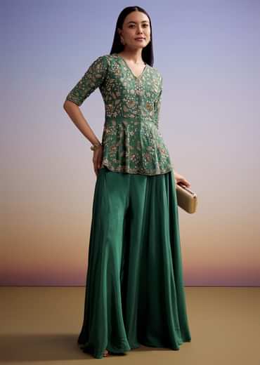 Green Crepe Peplum Crop Top And Palazzo Set With Zardosi Work