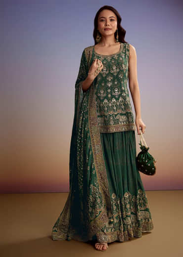 Green Crepe Printed Palazzo Suit With Gotta Work