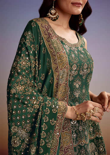 Green Crepe Printed Palazzo Suit With Gotta Work