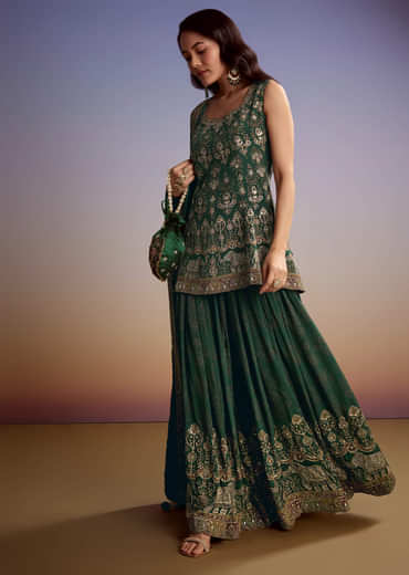 Green Crepe Printed Palazzo Suit With Gotta Work