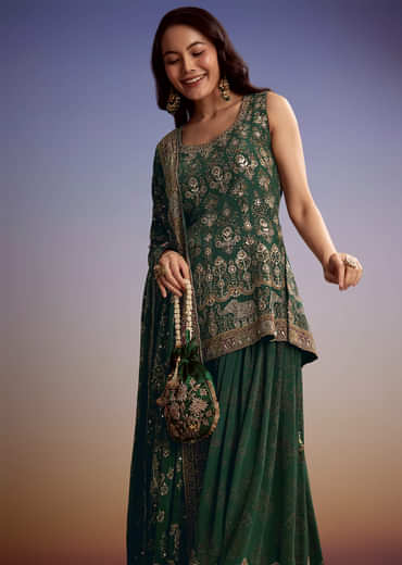 Green Crepe Printed Palazzo Suit With Gotta Work