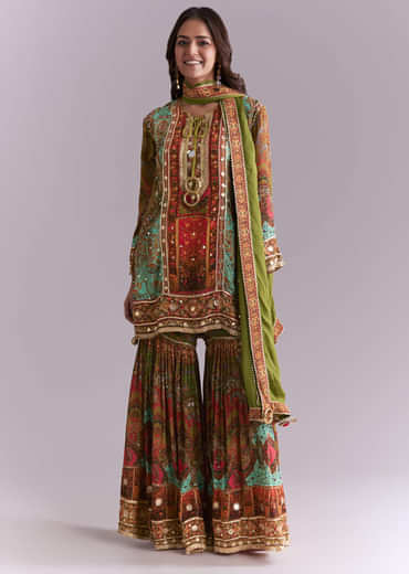 Green Crepe Printed Sharara Suit With Gota Detail And Potli