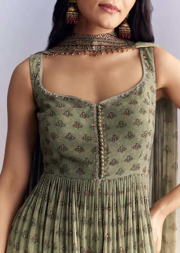 Green Crepe Sharara Suit With Indie Print And Stone Work