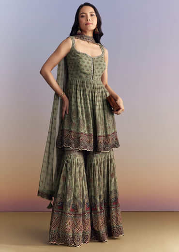 Green Crepe Sharara Suit With Indie Print And Stone Work