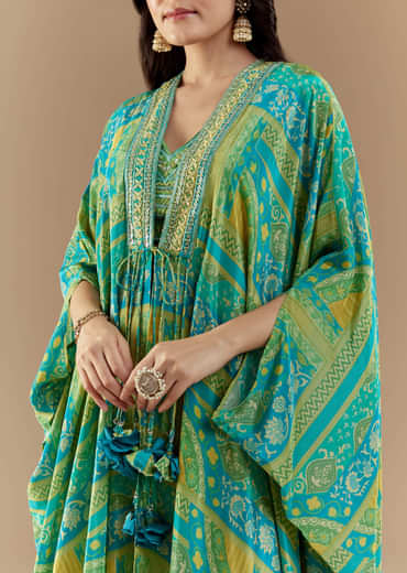 Green Crop Top Palazzo Set with Printed Cape