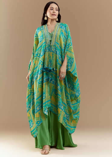 Green Crop Top Palazzo Set with Printed Cape