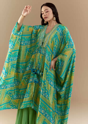 Green Crop Top Palazzo Set with Printed Cape