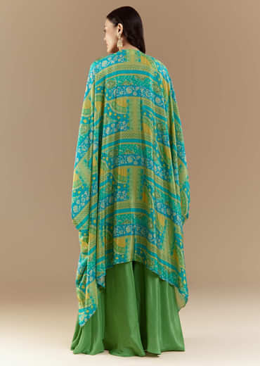 Green Crop Top Palazzo Set with Printed Cape