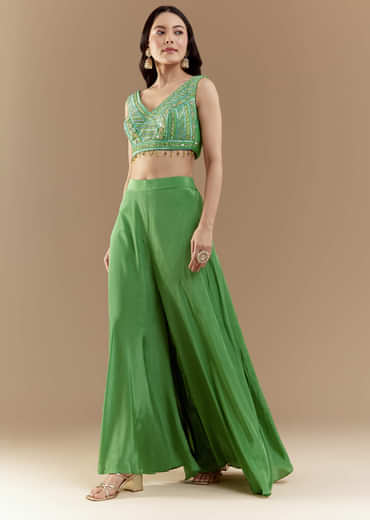 Green Crop Top Palazzo Set with Printed Cape