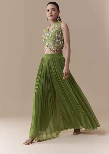 Green Crop Top Silk Palazzo Set with Sequin Work