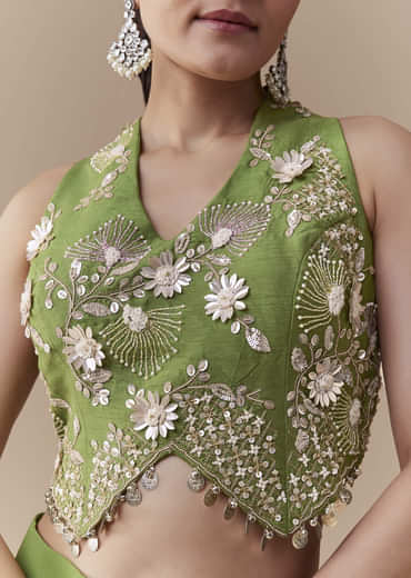 Green Crop Top Silk Palazzo Set with Sequin Work