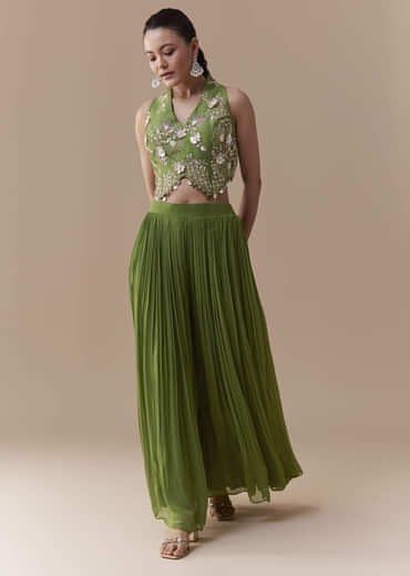 Green Crop Top Silk Palazzo Set with Sequin Work