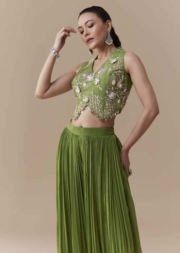 Green Crop Top Silk Palazzo Set with Sequin Work