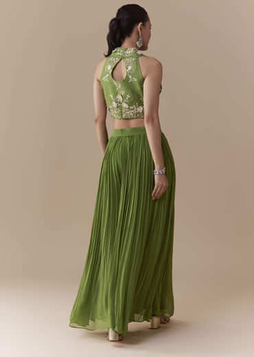 Green Crop Top Silk Palazzo Set with Sequin Work