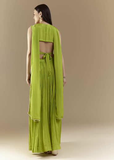 Green Crop Top Skirt Set with Zardozi Work