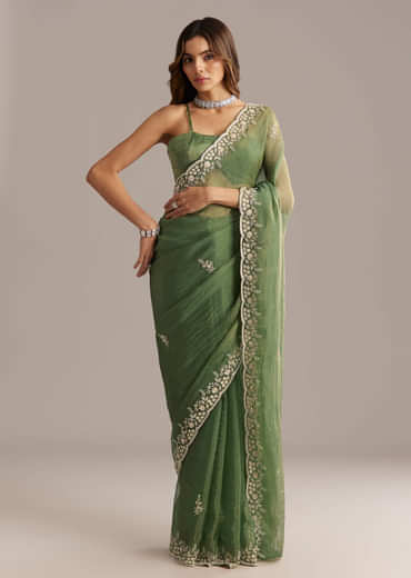 Green Crush Tissue Saree With Floral Embroidery And Stones