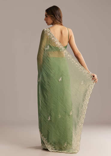 Green Crush Tissue Saree With Floral Embroidery And Stones