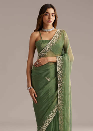 Green Crush Tissue Saree With Floral Embroidery And Stones