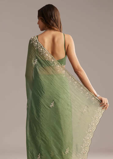 Green Crush Tissue Saree With Floral Embroidery And Stones