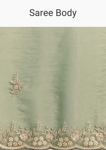 Green Crush Tissue Saree With Floral Embroidery And Stones