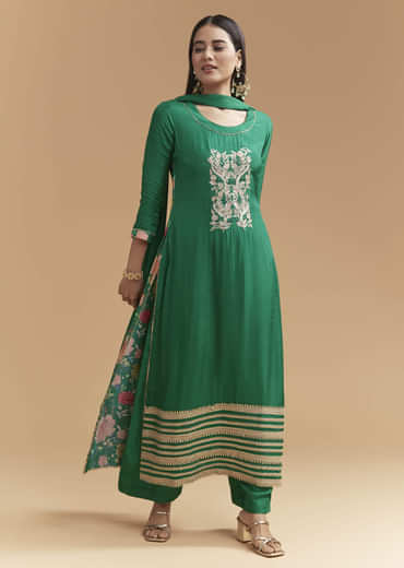 Green Dola Silk Kurta Set With Gota Work And Floral Print