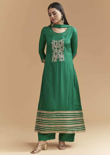 Green Dola Silk Kurta Set With Gota Work And Floral Print