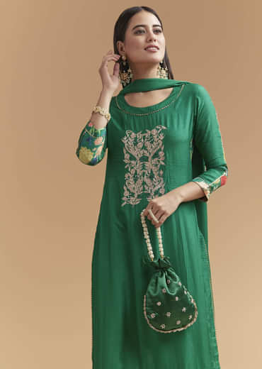 Green Dola Silk Kurta Set With Gota Work And Floral Print