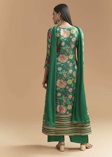 Green Dola Silk Kurta Set With Gota Work And Floral Print