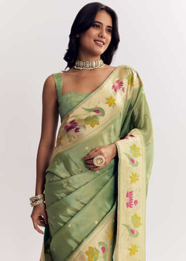 Green Dola Silk Paithani Saree With Dollar Butti And Multicolor Motif
