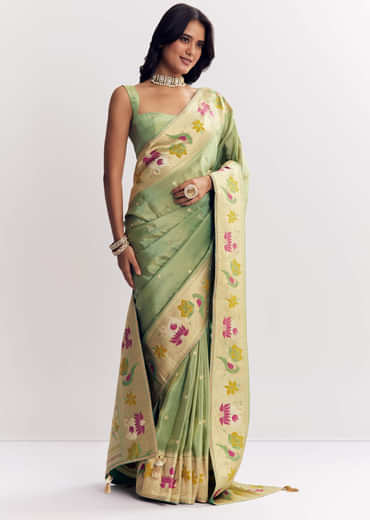 Green Dola Silk Paithani Saree With Dollar Butti And Multicolor Motif