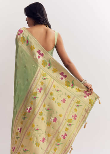 Green Dola Silk Paithani Saree With Dollar Butti And Multicolor Motif