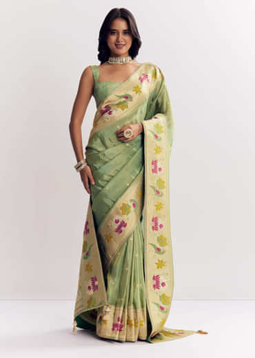Green Dola Silk Paithani Saree With Dollar Butti And Multicolor Motif