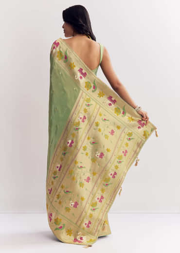 Green Dola Silk Paithani Saree With Dollar Butti And Multicolor Motif