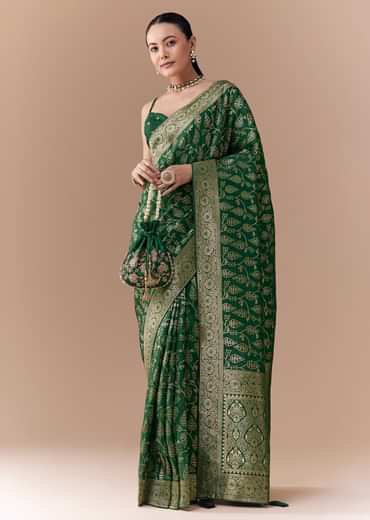 Green Dola Silk Woven Saree with Blouse Fabric
