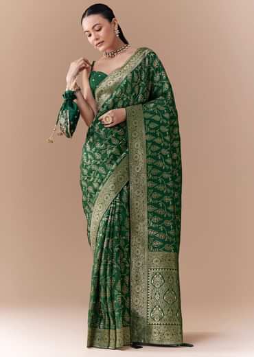Green Dola Silk Woven Saree with Blouse Fabric