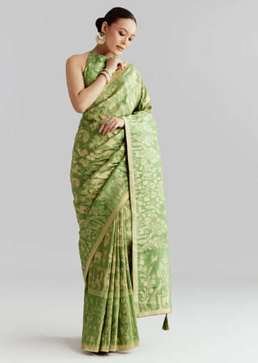 Green Dola Silk Woven Saree With Zari Motif Embroidery