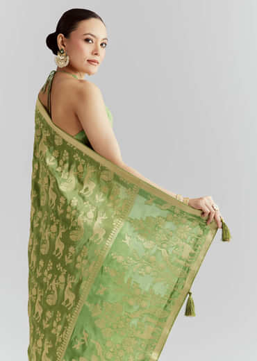 Green Dola Silk Woven Saree With Zari Motif Embroidery