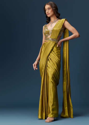 Green Drape Saree With V Neck Blouse And Belt