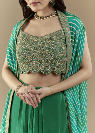 Green Embellished Crop Top Skirt Set with Leheriya Cape