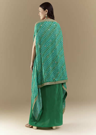 Green Embellished Crop Top Skirt Set with Leheriya Cape
