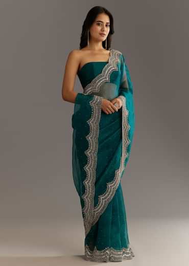 Green Embellished Tissue Saree With Embroidered Cutdana Sequin Border