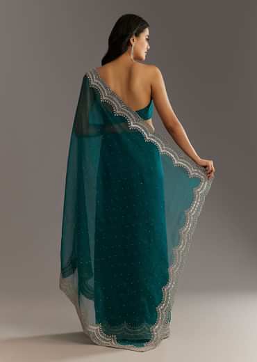 Green Embellished Tissue Saree With Embroidered Cutdana Sequin Border