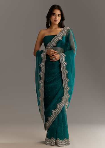 Green Embellished Tissue Saree With Embroidered Cutdana Sequin Border