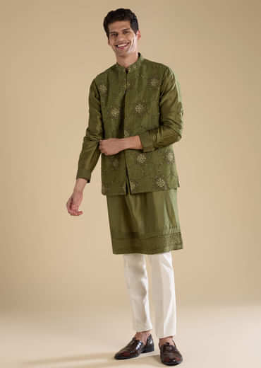 Green Embroidered Mens Satin Jacket Kurta and Pant Set