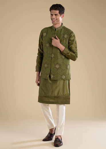 Green Embroidered Mens Satin Jacket Kurta and Pant Set