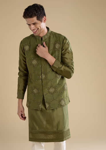 Green Embroidered Mens Satin Jacket Kurta and Pant Set