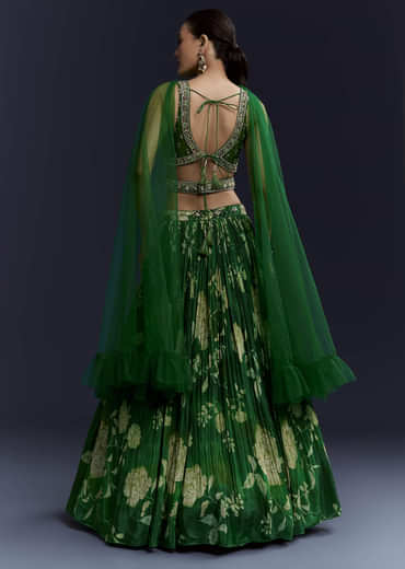 Green Floral Print Bridesmaid Crepe Lehenga Set