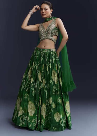 Green Floral Print Bridesmaid Crepe Lehenga Set