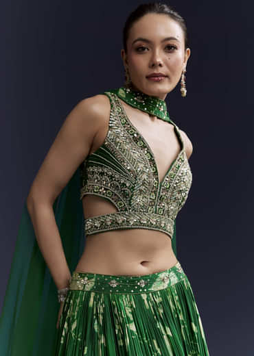 Green Floral Print Bridesmaid Crepe Lehenga Set