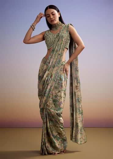 Green Floral Printed Saree With Embroidered Blouse